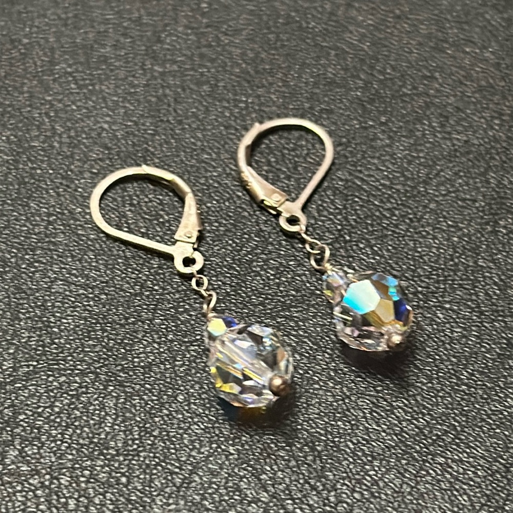 925 Silver Wire Hook Lever Back AB Clear Crystal Dangle Vintage Earrings